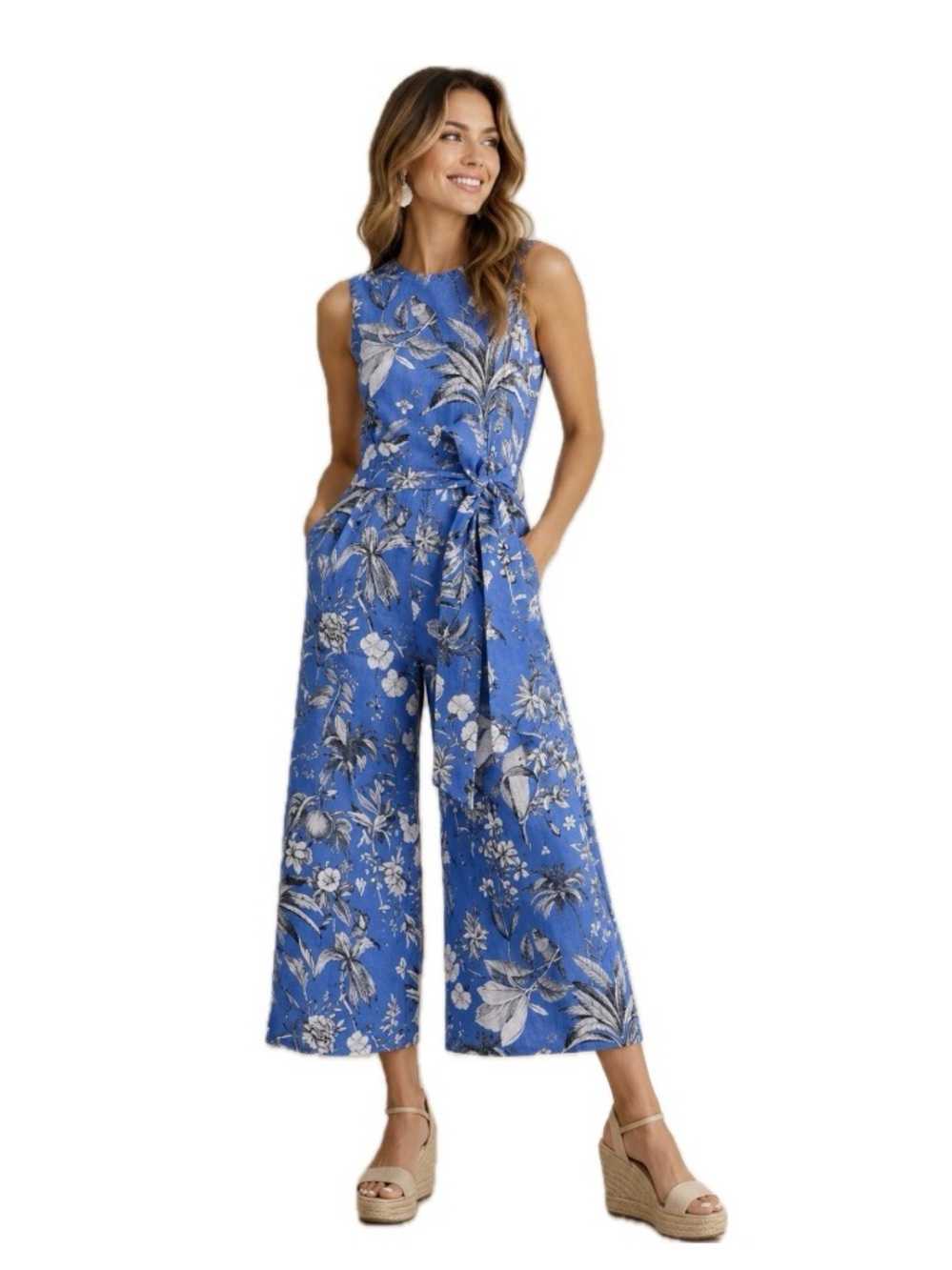 J.Crew,  Ratti Italian Linen Blue Tropical Floral Jumpsuit, Size 10 EUC